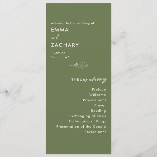 Modern Minimal Olive Green Wedding Programme (Front)