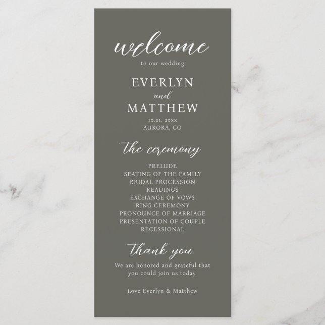 Modern Minimal Olive Grey Wedding Ceremony Program (Front)