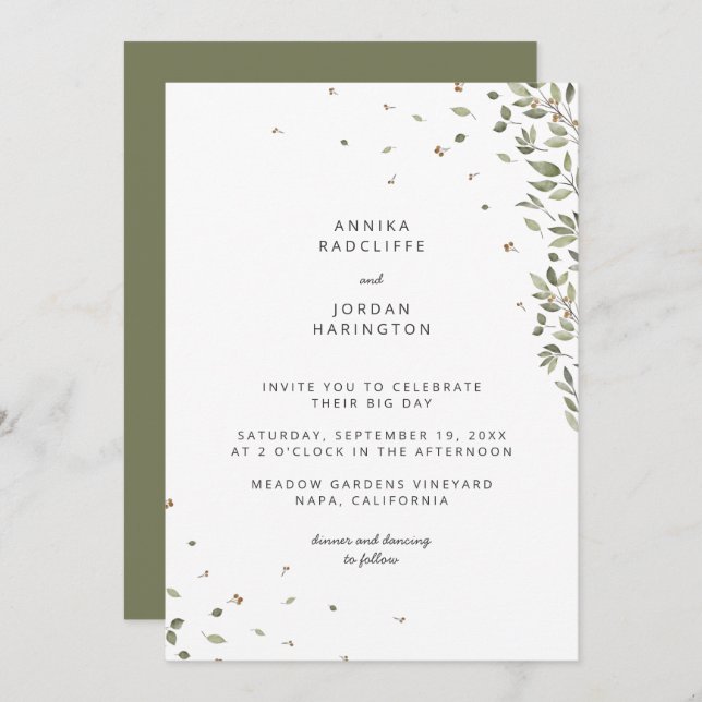Modern Minimal Organic Greenery Wedding Invitation (Front/Back)