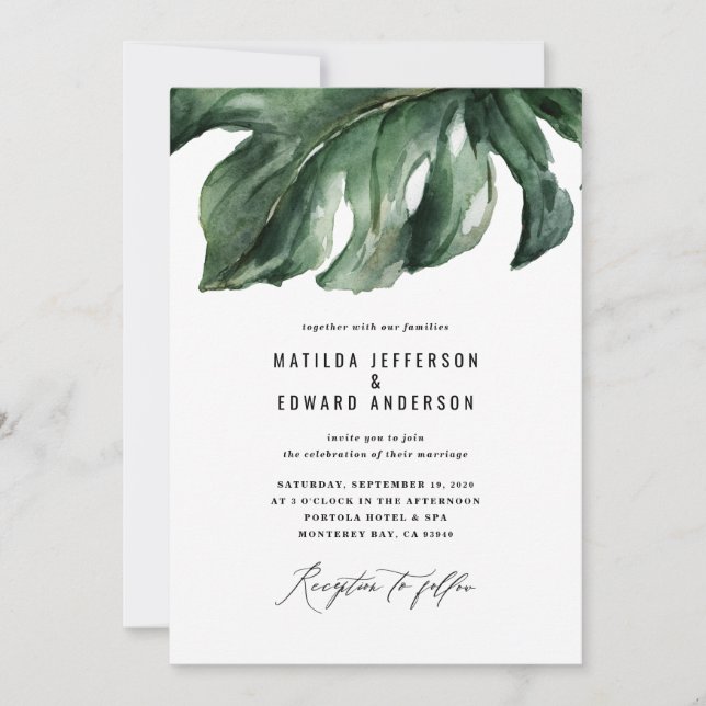 Modern minimal palm leaf foliage wedding announcement (Front)