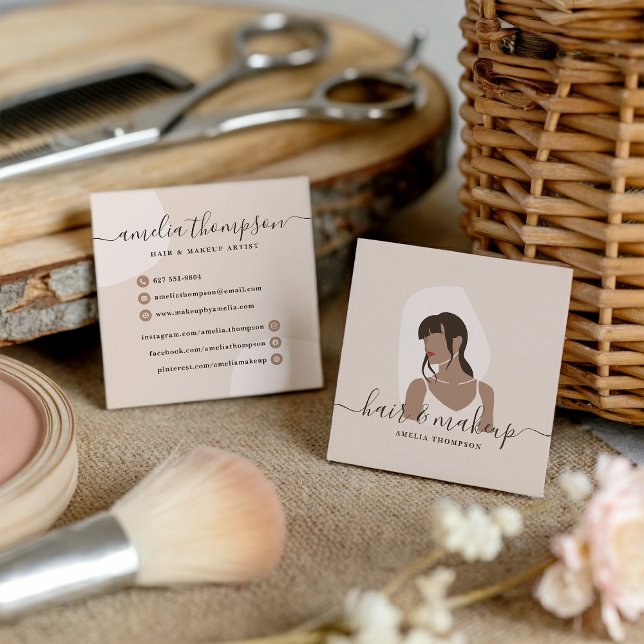 Modern minimal pastel makeup and hair illustration square business card (Modern minimal pastel makeup and hair illustration)