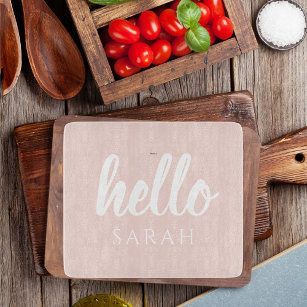 Modern Minimal Pastel Pink Hello And You Name Cutting Board