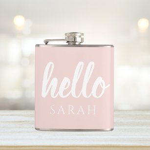 Modern Minimal Pastel Pink Hello And You Name Hip Flask