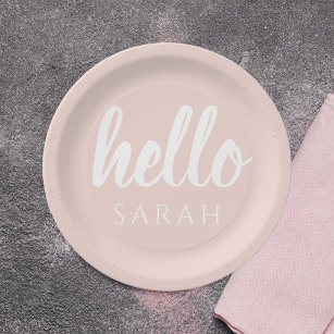 Modern Minimal Pastel Pink Hello And You Name Paper Plate
