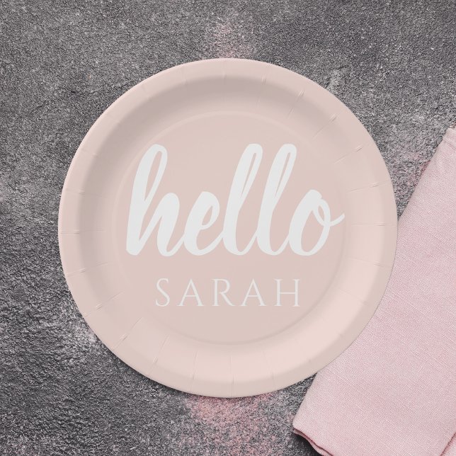 Modern Minimal Pastel Pink Hello And You Name Paper Plate (Creator Uploaded)