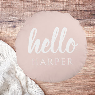 Modern Minimal Pastel Pink Hello And You Name Round Cushion