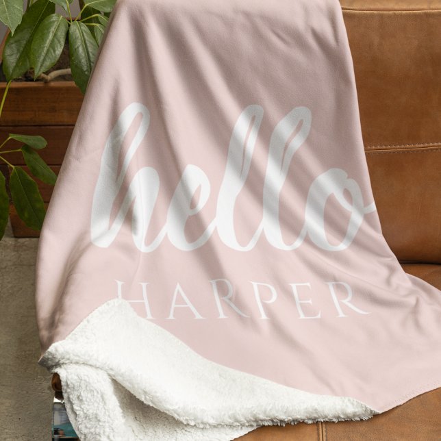 Modern Minimal Pastel Pink Hello And You Name Sherpa Blanket (Creator Uploaded)
