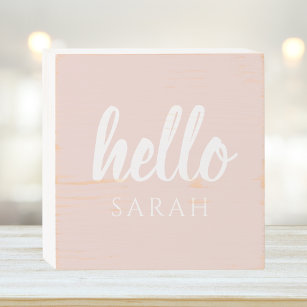 Modern Minimal Pastel Pink Hello And You Name Wooden Box Sign