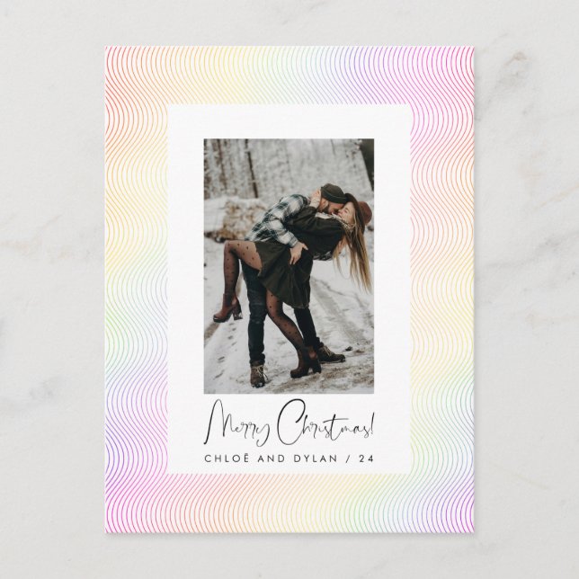 Modern Minimal Pastel Wavy Guilloché Couple Photo Holiday Postcard (Front)