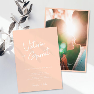 Modern Minimal Peach Script Photo Wedding Invitation