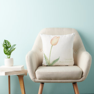 Modern Minimal Peach Watercolor Tulip Monogram Cushion