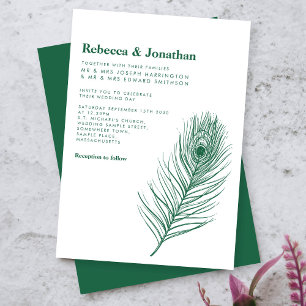 Modern Minimal Peacock Feather Green Wedding Invitation