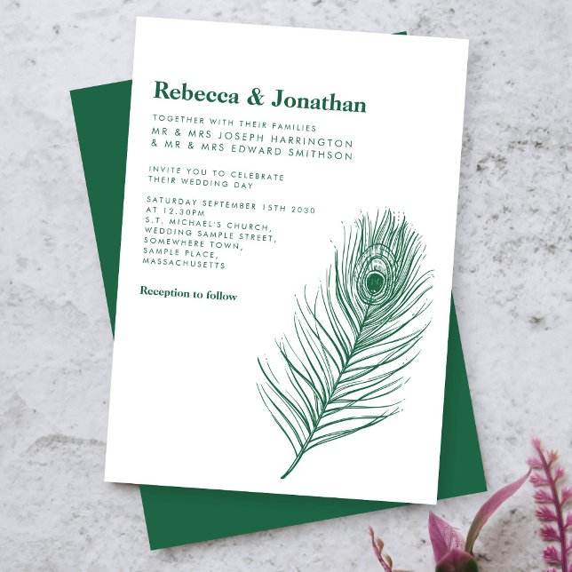 Modern Minimal Peacock Feather Green Wedding Invitation (Creator Uploaded)
