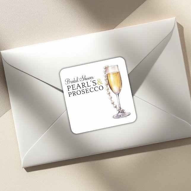 Modern minimal pearls and prosecco bridal shower  square sticker (minimal bridal shower mailing stickers , helping you keep your stationary special)