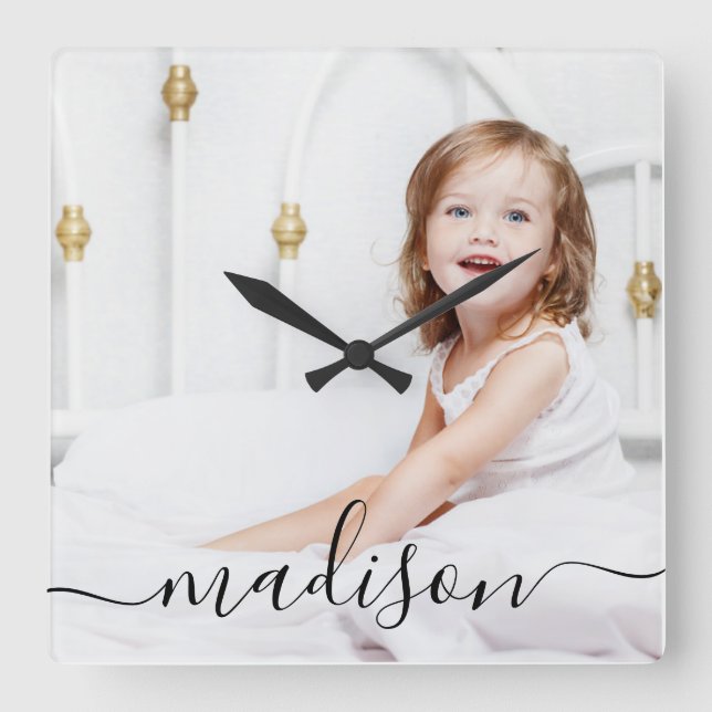 Modern & Minimal Personalised Full Photo & Name Square Wall Clock (Front)