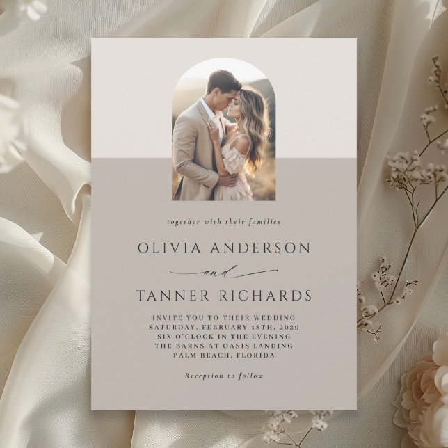 Modern Minimal Photo Arch Elegant Neutral Wedding Invitation (Available in both printed and instant download digital formats.)