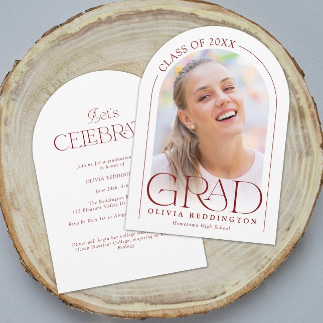 Modern Minimal Photo Arch Red Graduation Party Invitation (Creator Uploaded)