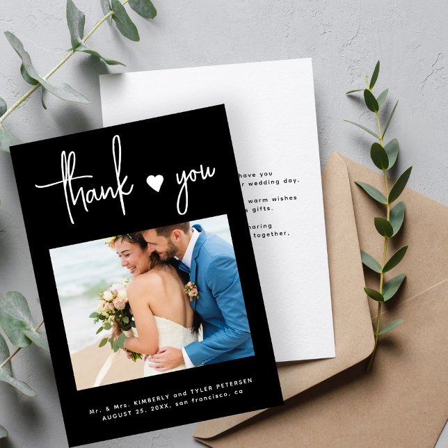 Modern minimal photo black wedding thank you card (Creator Uploaded)