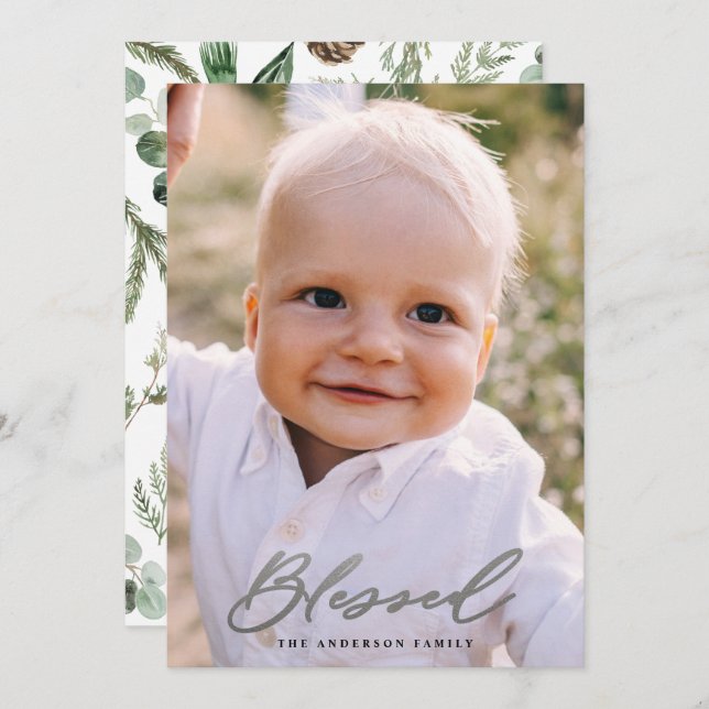Modern minimal photo blessed Christmas chic script Holiday Card (Front/Back)