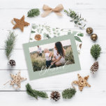 Modern minimal photo Christmas blessed script Holiday Card<br><div class="desc">Modern minimal foliage blessed silver effect script holiday Christmas card. Hand painted eucalyptus,  minimal foliage and modern rustic rattan wreath give this holiday card a luxurious feel. In classy greens,  browns and grays.</div>