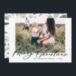 Modern minimal photo Christmas elegant chic script Holiday Card<br><div class="desc">Modern minimal foliage wreath year to remember script holiday Christmas card. Hand painted eucalyptus,  minimal foliage and modern rustic rattan wreath give this holiday card a luxurious feel. In classy greens,  browns and grays.</div>