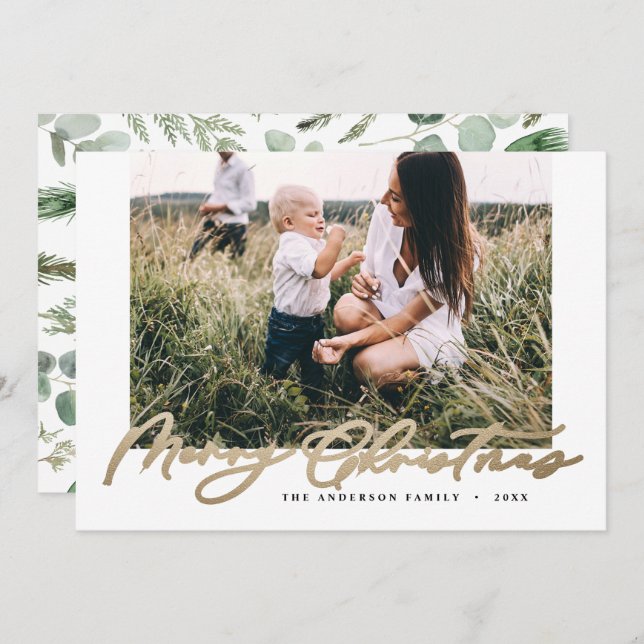 Modern minimal photo Christmas elegant gold script Holiday Card (Front/Back)