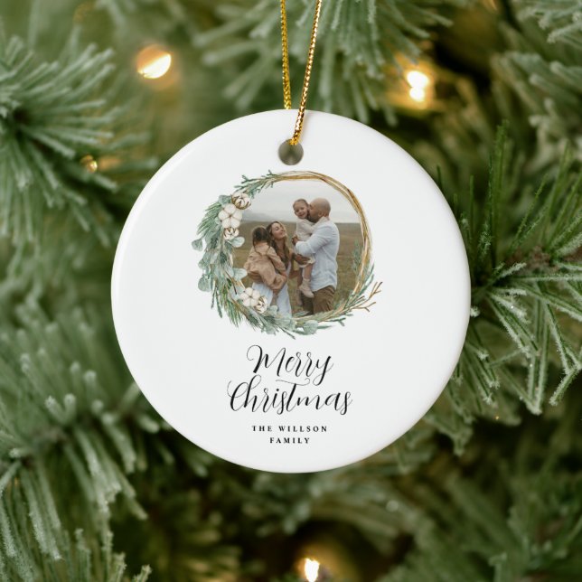 Modern minimal photo Christmas elegant script Ceramic Tree Decoration (Tree)