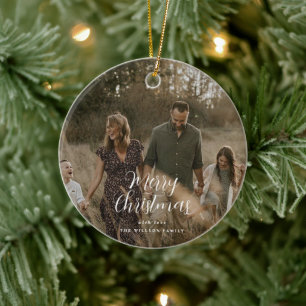 Modern minimal photo Christmas elegant script Ceramic Tree Decoration