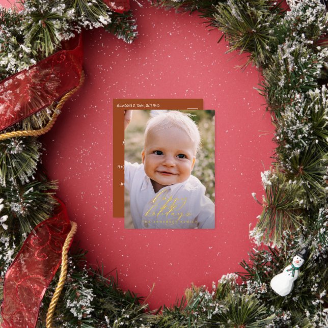 Modern minimal photo Christmas elegant script   Foil Holiday Postcard (Insitu)