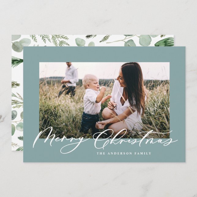 Modern minimal photo Christmas elegant script Holiday Card (Front/Back)