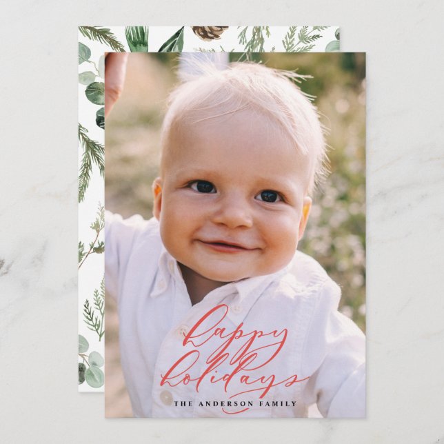 Modern minimal photo Christmas elegant script Holiday Card (Front/Back)