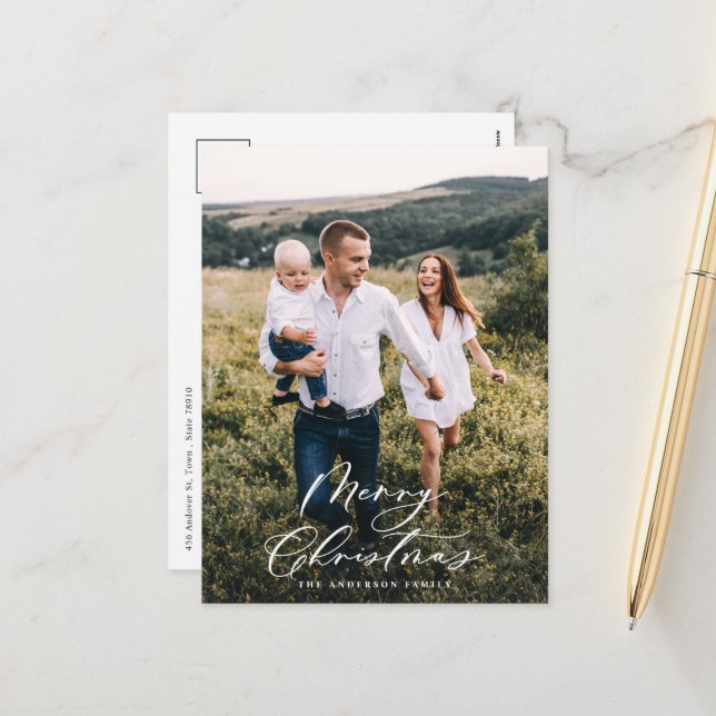 Modern minimal photo Christmas elegant script Holiday Postcard (Front/Back In Situ)