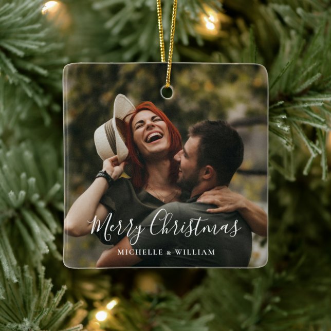 Modern Minimal Photo Christmas Script Ceramic Ornament (Tree)