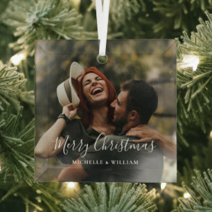Modern Minimal Photo Christmas Script Glass Tree Decoration