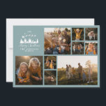 Modern minimal photo collage Christmas dusty blue Holiday Card<br><div class="desc">Modern minimal script holiday photo collage dusty blue and white Christmas card. Traditional Father Christmas Santa and sleigh shilouette design.</div>