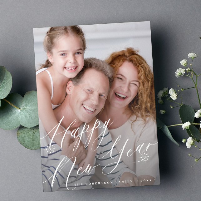 Modern minimal photo elegant script new year  holiday card (Creator Uploaded)