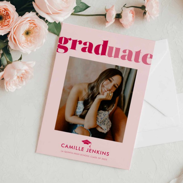 Modern Minimal Photo Graduation Announcement (Fun Pink Photo Graduation announcement card)