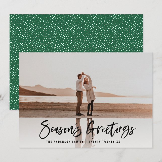 Modern minimal photo green Christmas script Holiday Card (Front/Back)