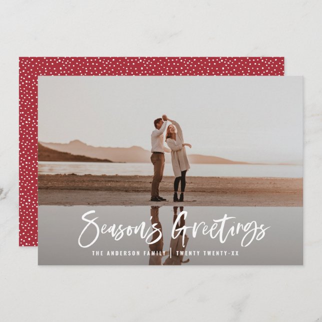 Modern minimal photo script red Christmas Holiday Card (Front/Back)