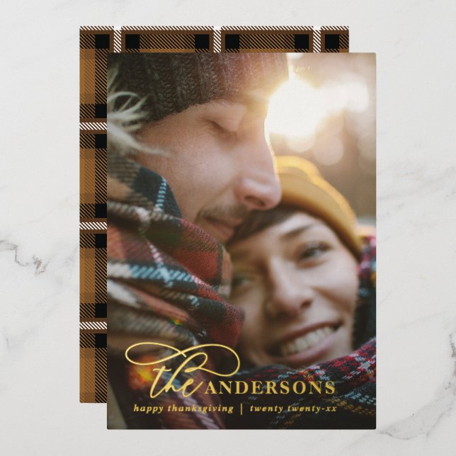 Modern minimal photo tartan mustard elegant script (Front/Back)