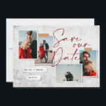 Modern minimal photo wedding save the date<br><div class="desc">Modern minimal photo wedding save the date. On trend flat lay design with realistic looking pins ripped paper and washi tape on a textured rustic wood effect backer with hand written text.</div>