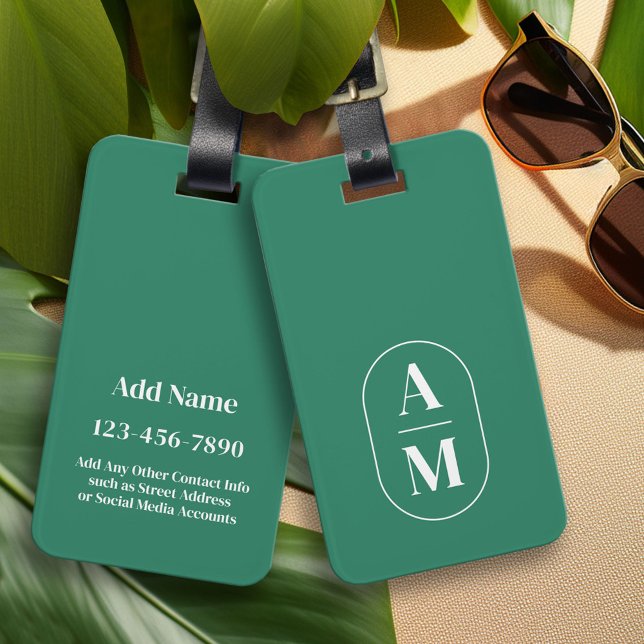 Modern Minimal Pill Monogram - Green Luggage Tag (Custom Luggage Tag - Personalized Bag Tag)