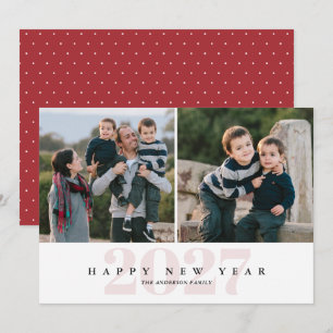 Modern Minimal Pink 2 Photo Happy New Year Holiday Card