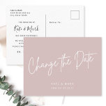 Modern Minimal Pink Change the Date Announcement Postcard<br><div class="desc">Custom-designed wedding postponement/change the date postcard featuring modern white hand lettering design on dusty rose/blush pink background.</div>