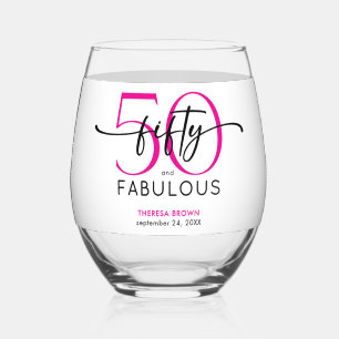 Modern Minimal Pink Fifty Fabulous Script Birthday Stemless Wine Glass