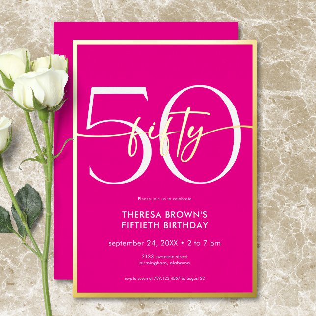 Modern Minimal Pink Fifty Script Birthday (Modern Minimal Pink Fifty Script Birthday Foil Invitation)