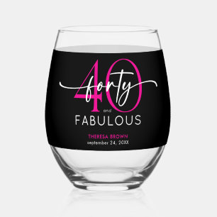 Modern Minimal Pink Forty Fabulous Script Birthday Stemless Wine Glass