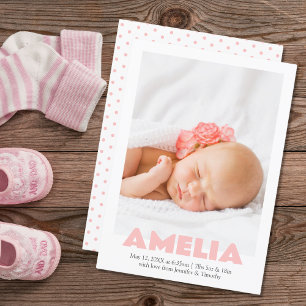 Modern Minimal Pink Girl Photo Birth Announcement