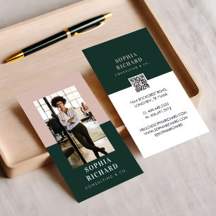 Modern Minimal Pink & Green Business Photo QR Code Business Card