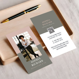 Modern Minimal Pink & Grey Business Photo QR Code Card